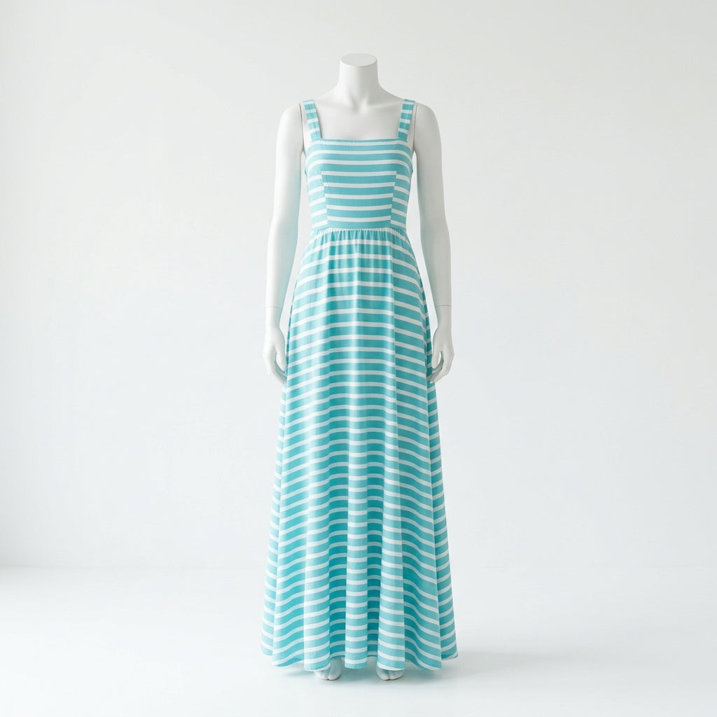 Women's Striped Square Neck Maxi Dress — Aqua Blue