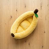 Cat curled up asleep inside the banana bed
