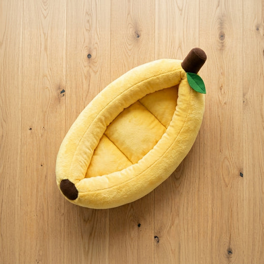 Cat curled up asleep inside the banana bed