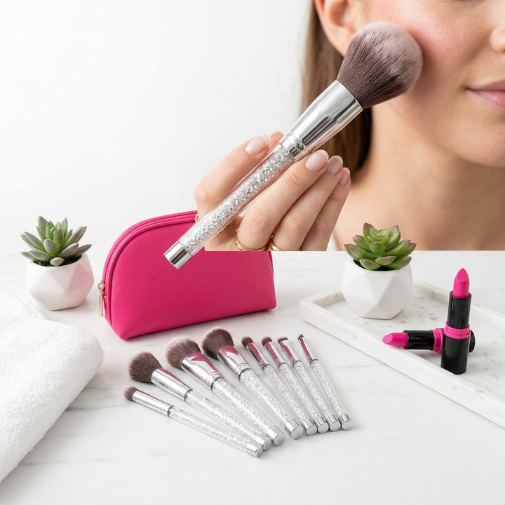 Woman applying powder with a large makeup brush with a clear crystal handle next to a pink zippered brush case
