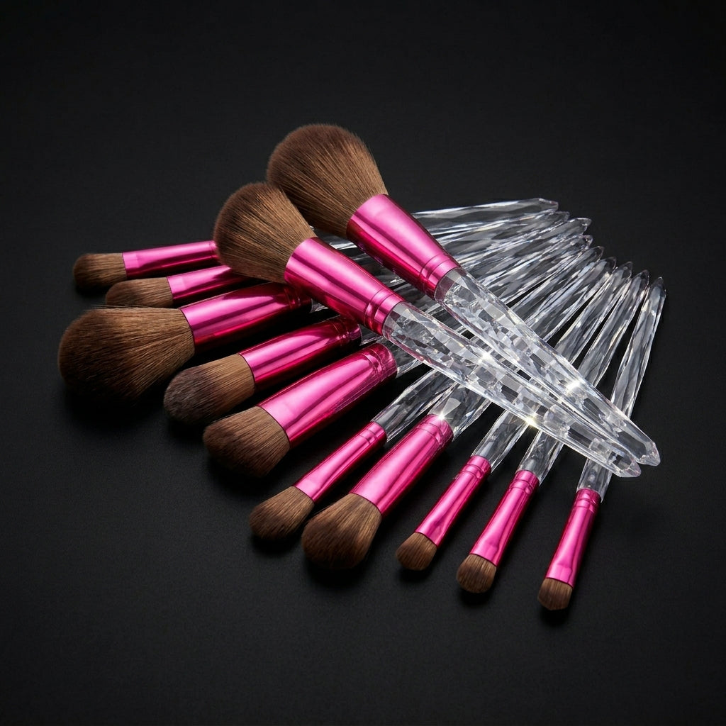 10-piece makeup brush set with clear crystal handles and pink ferrules on a dark background