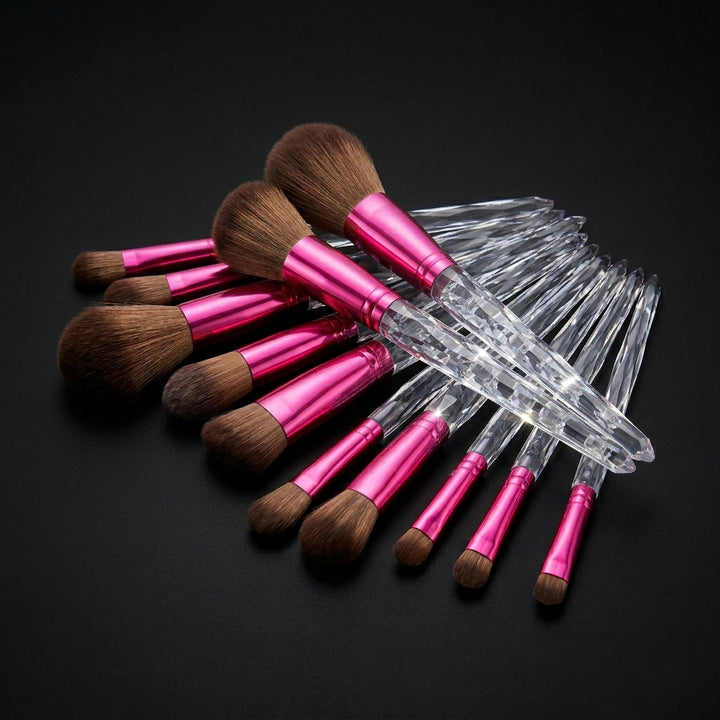 10-piece makeup brush set with clear crystal handles and pink ferrules on a dark background