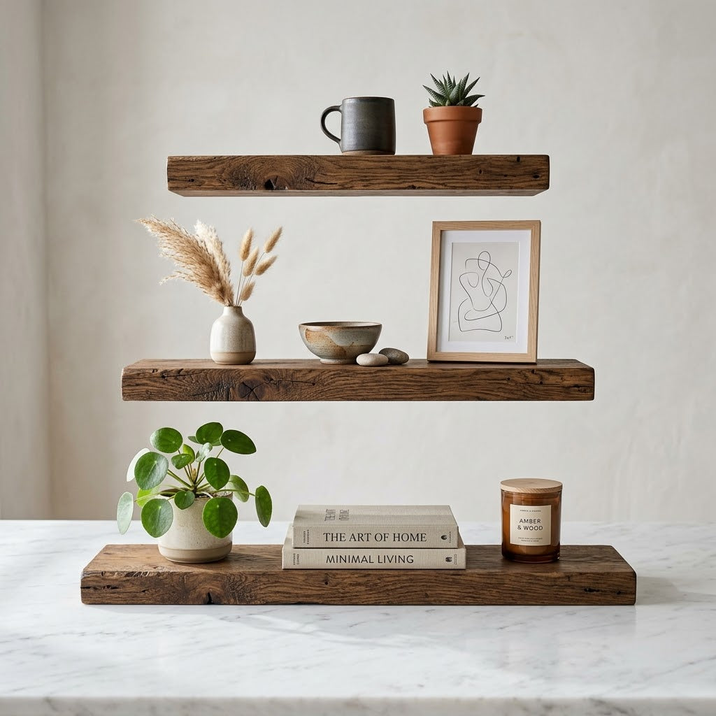 Rustic wood floating shelves - lifestyle