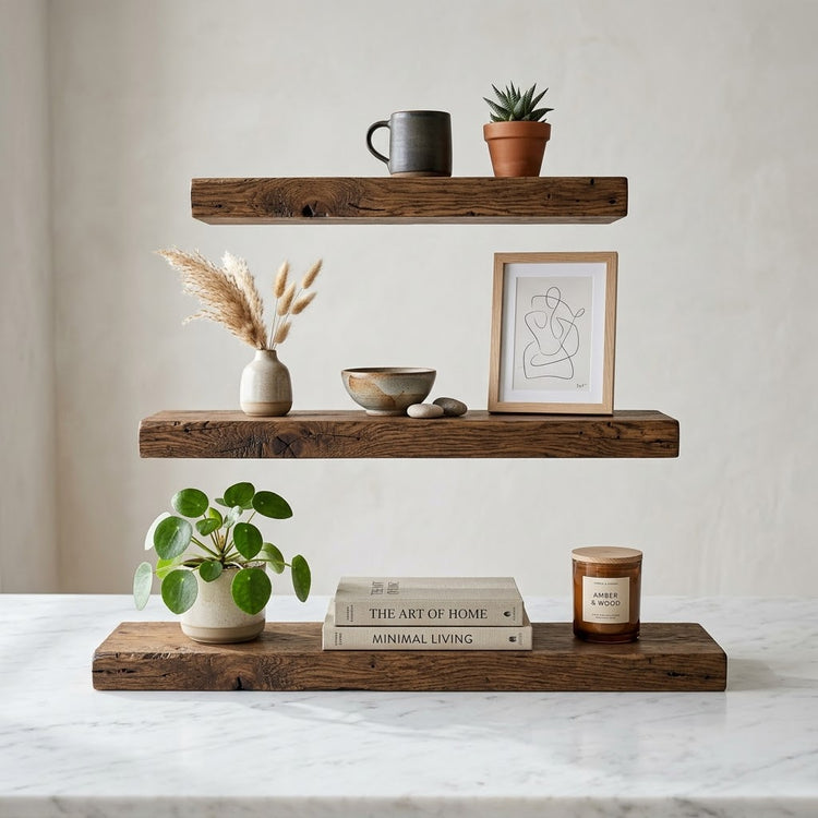 Rustic wood floating shelves - lifestyle