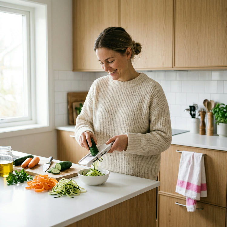 Woman julienne-slicing fresh vegetables with the Arbasa 3-in-1 Vegetable Slicer in a sunlit Scandinavian kitchen