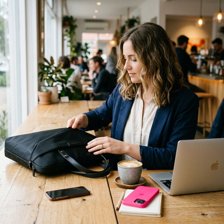 Professional woman placing a 2-in-1 insulated laptop tote bag on a cafe table