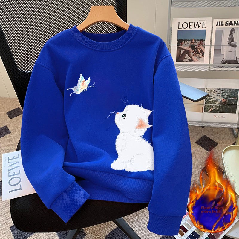 Loose cat print long sleeve sweatshirt in blue, red or white, photo 7