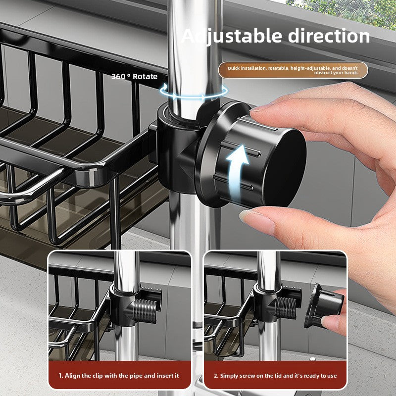 Space Aluminum Faucet Sink Storage Rack with Drip Tray