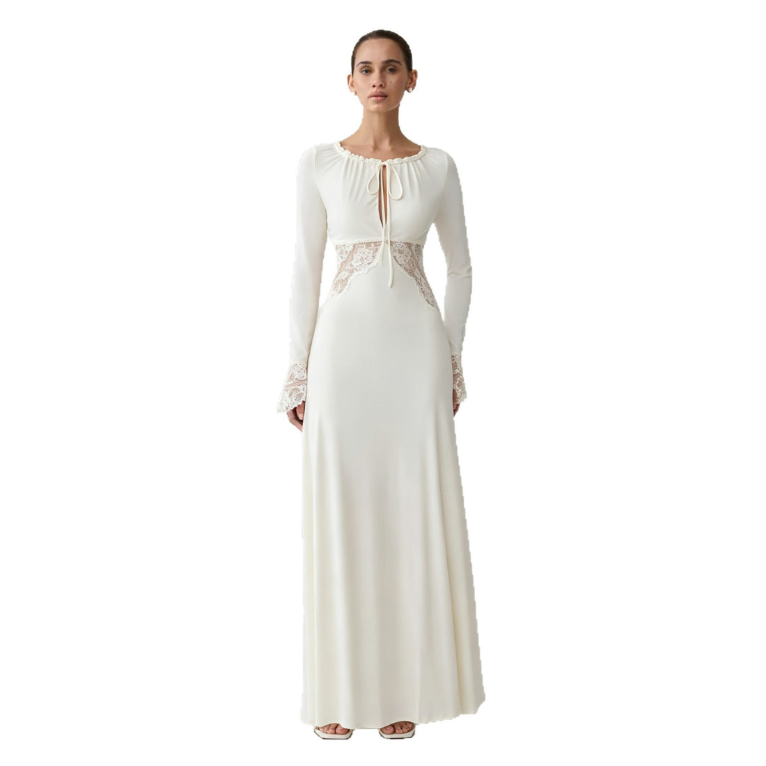 Women's Elegant Lace Patchwork Long Sleeve High-Waist Dress