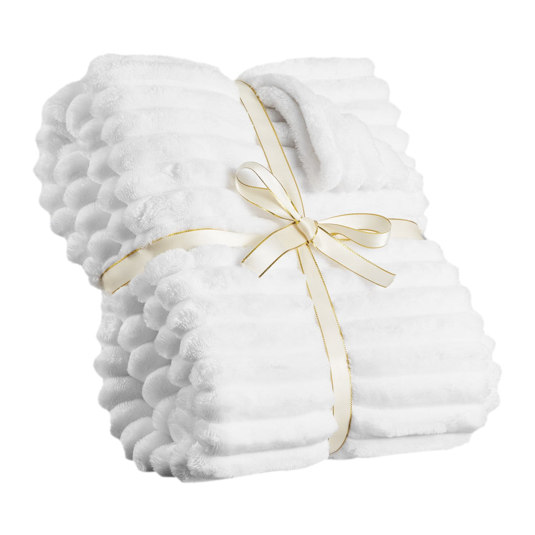 White fleece throw folded and tied with a ribbon