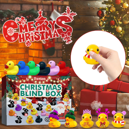 Rubber duck advent calendar with colorful Christmas ducks in front of a fireplace