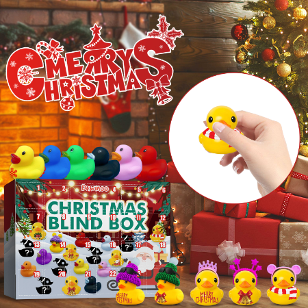 Christmas rubber duck blind box with ducks in Santa hats and antlers by a Christmas tree