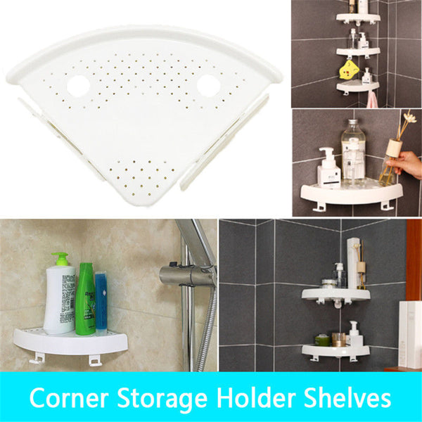 Corner shelves holding shampoo and toiletries