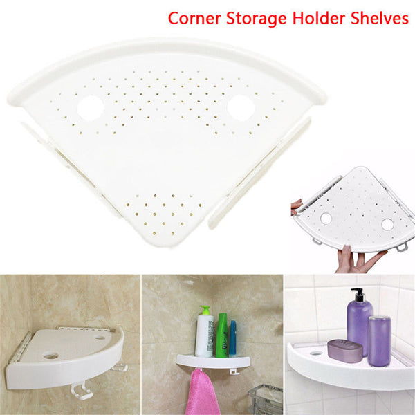 White corner storage shelf with examples in a bathroom