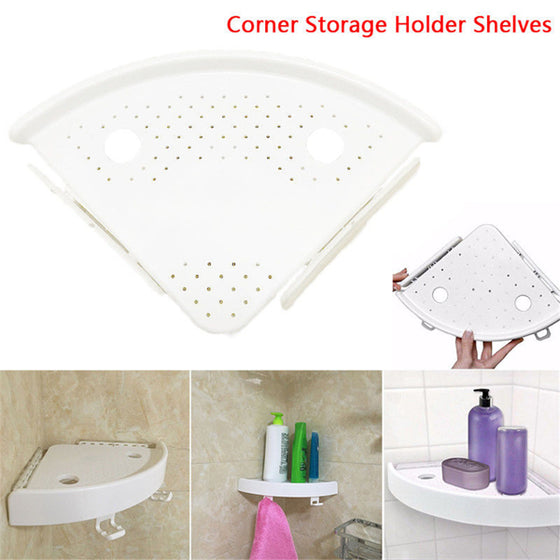 White corner storage shelf with examples in a bathroom