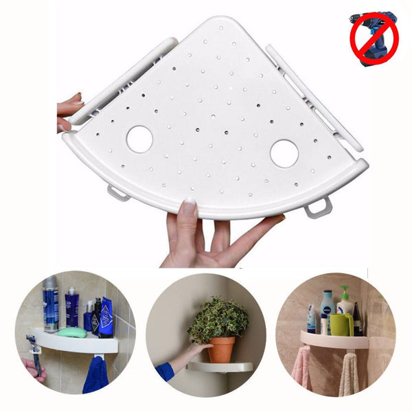Corner shelf with no-drill icon and uses