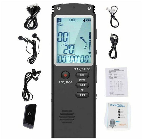 Voice recorder front with LCD, record and playback buttons, and accessories