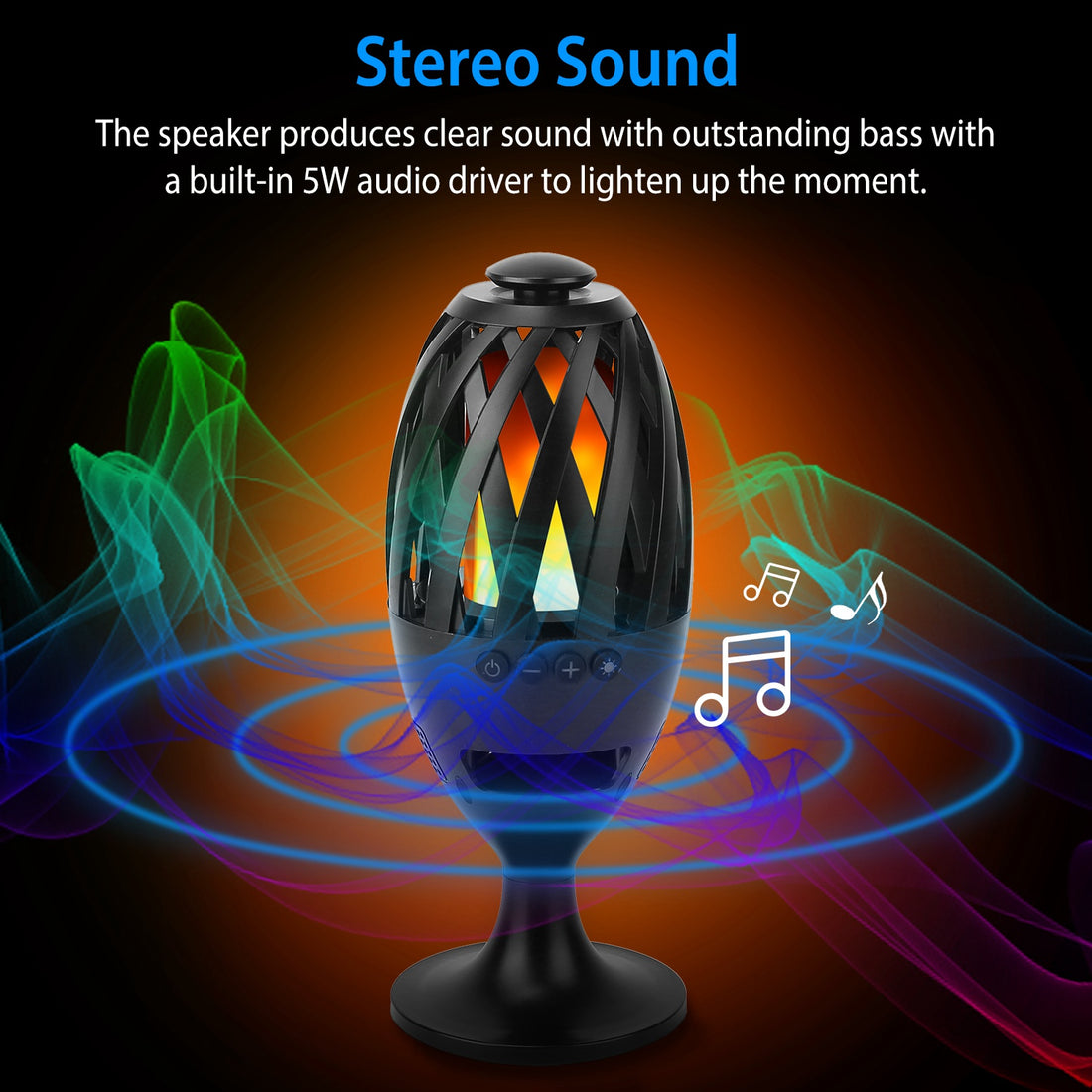 Flame speaker with colorful sound waves on a dark background