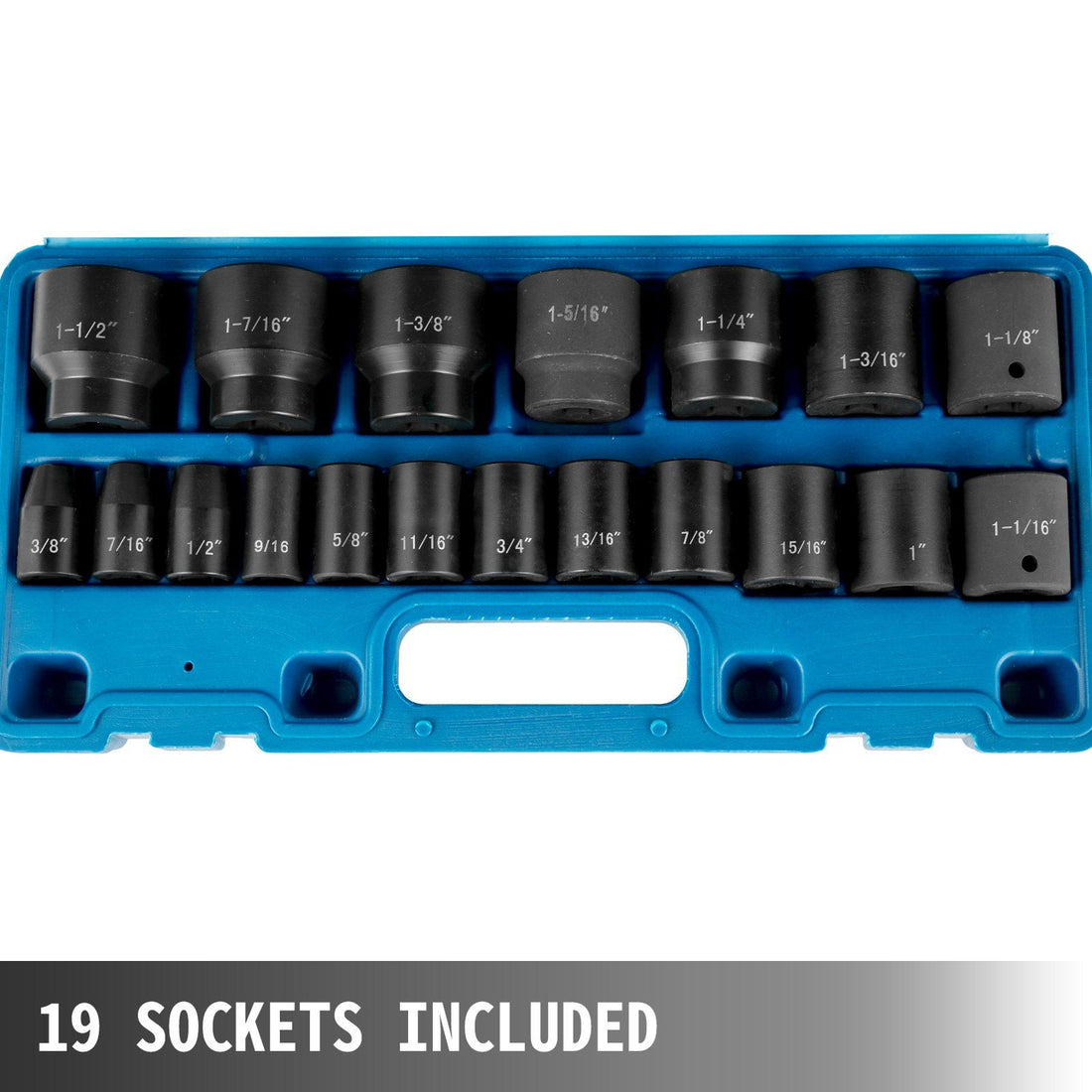 19-piece SAE impact socket set with 6-point hex sockets