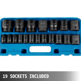 19-piece SAE impact socket set with 6-point hex sockets