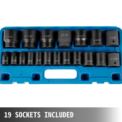19-piece SAE impact socket set with 6-point hex sockets