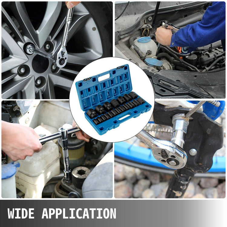 19-piece SAE impact socket set with 6-point hex sockets