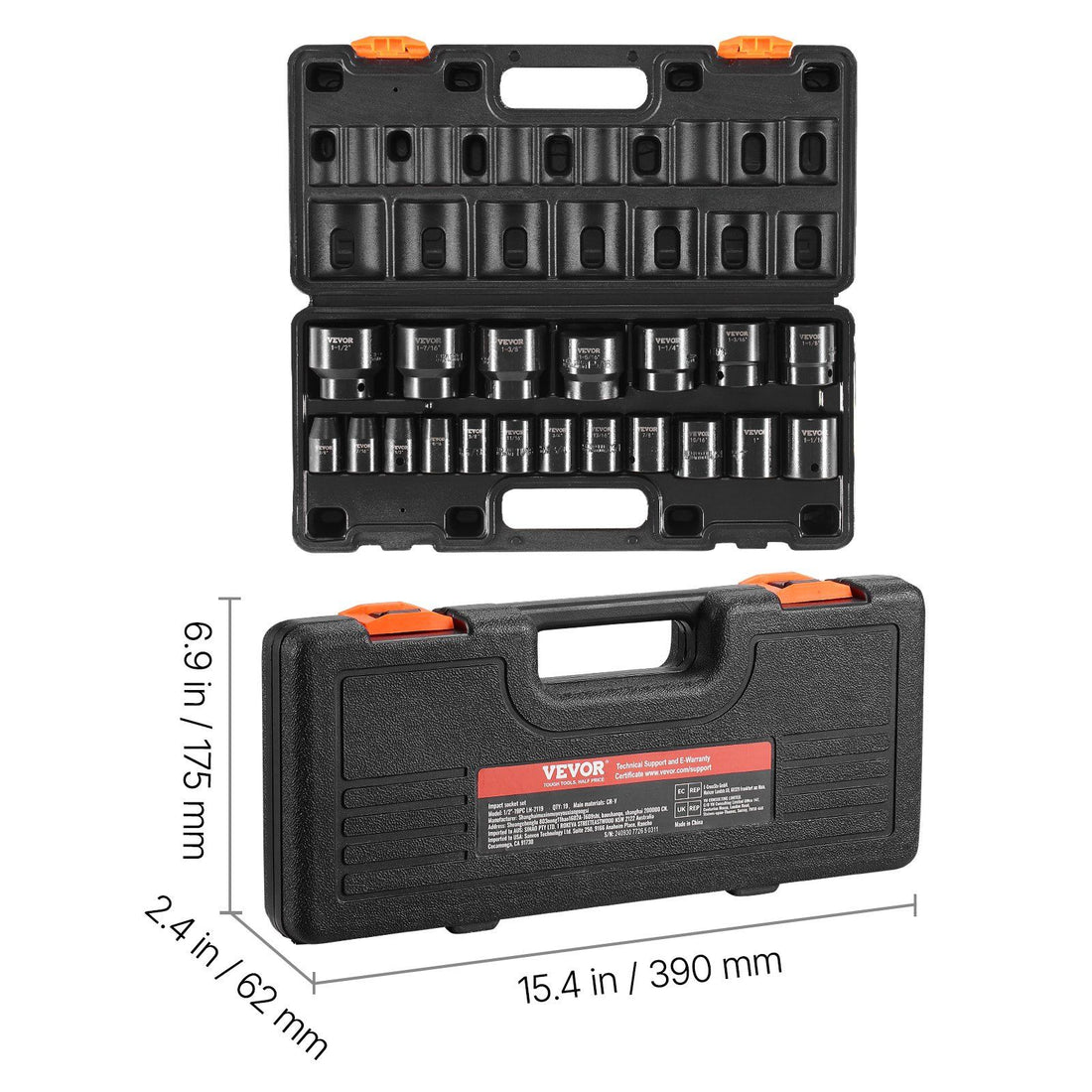 19-piece SAE impact socket set with 6-point hex sockets