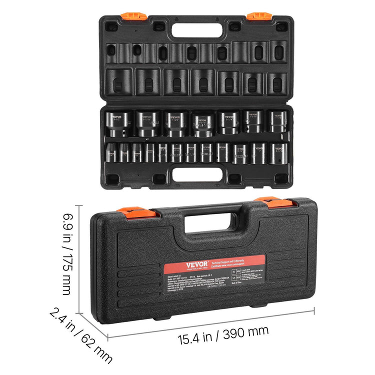 19-piece SAE impact socket set with 6-point hex sockets