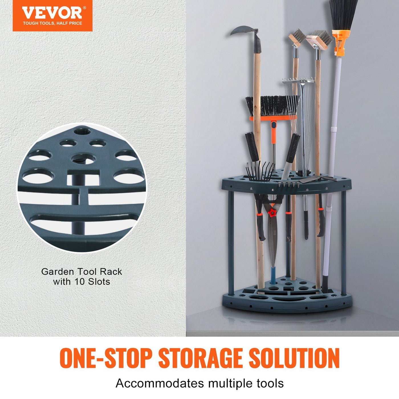 Vertical yard tool storage rack in a garage