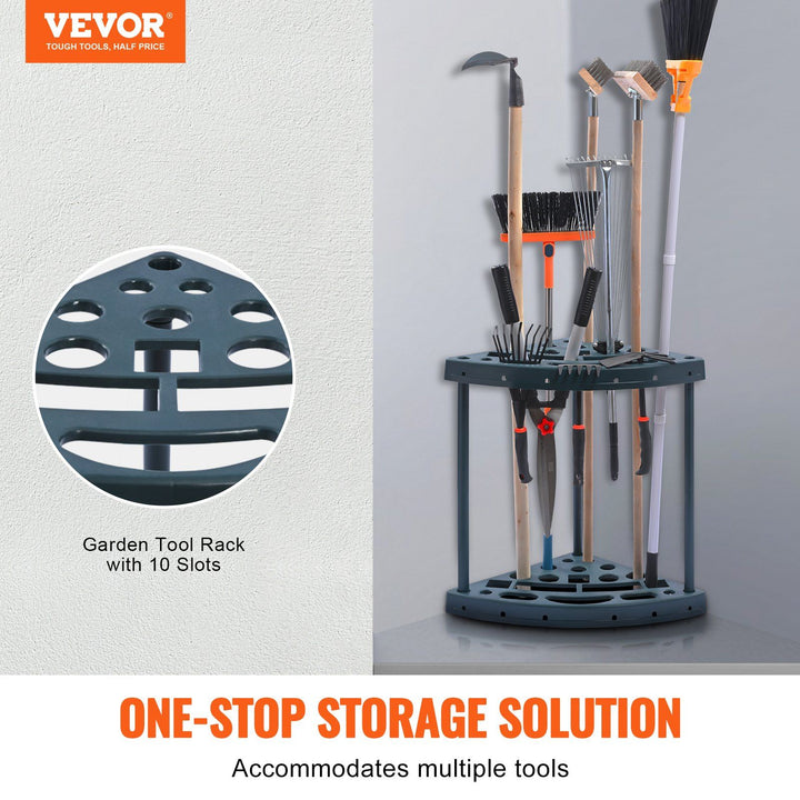 Vertical yard tool storage rack in a garage