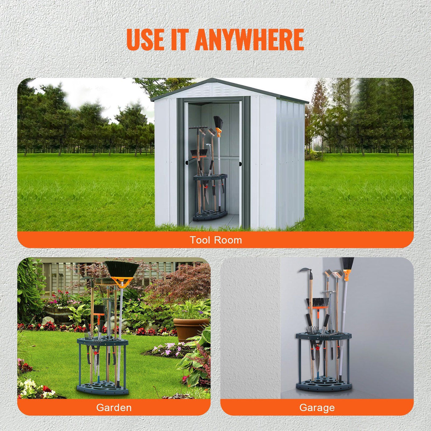 Garden tool storage tower with long-handled tools