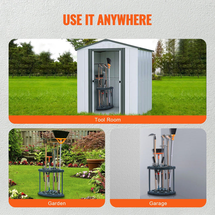 Garden tool storage tower with long-handled tools