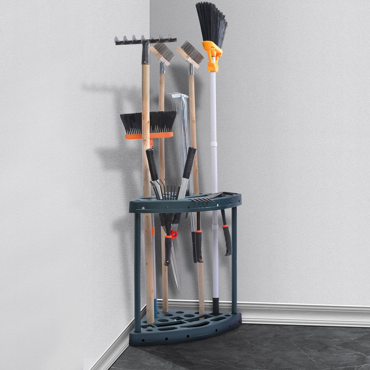 19-slot yard tool rack organizing garden equipment
