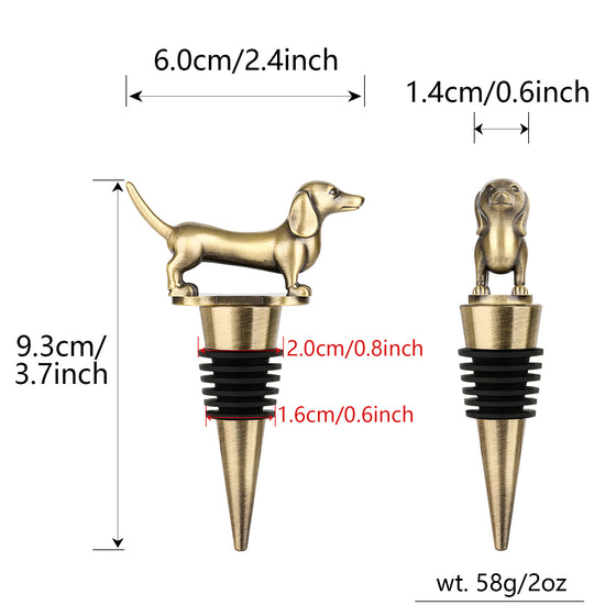 Gold dachshund wine stopper dimensions 6 cm wide, 9.3 cm tall, 58 g