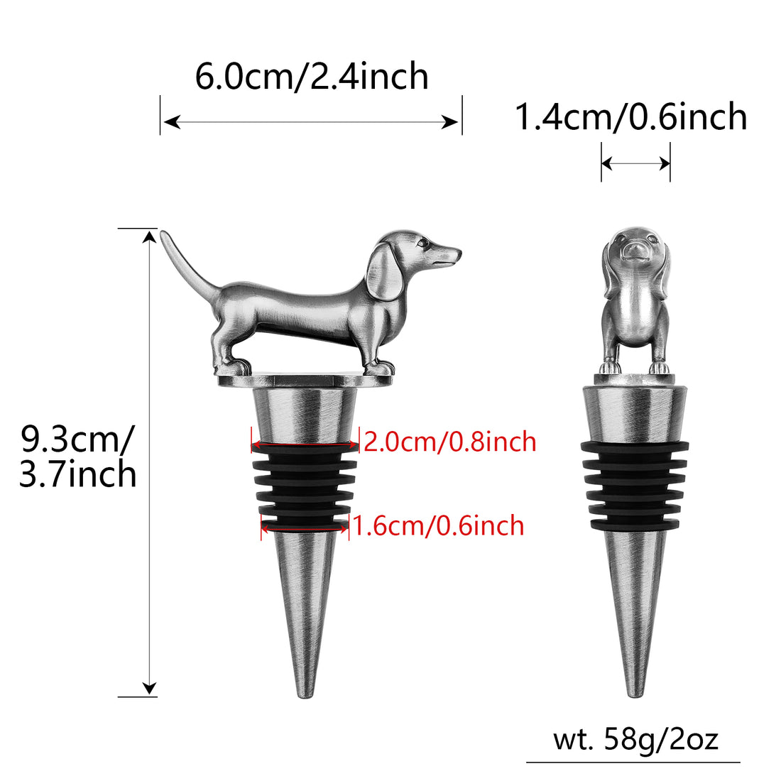 Dark silver dachshund wine stopper dimensions 6 cm by 9.3 cm, 58 g