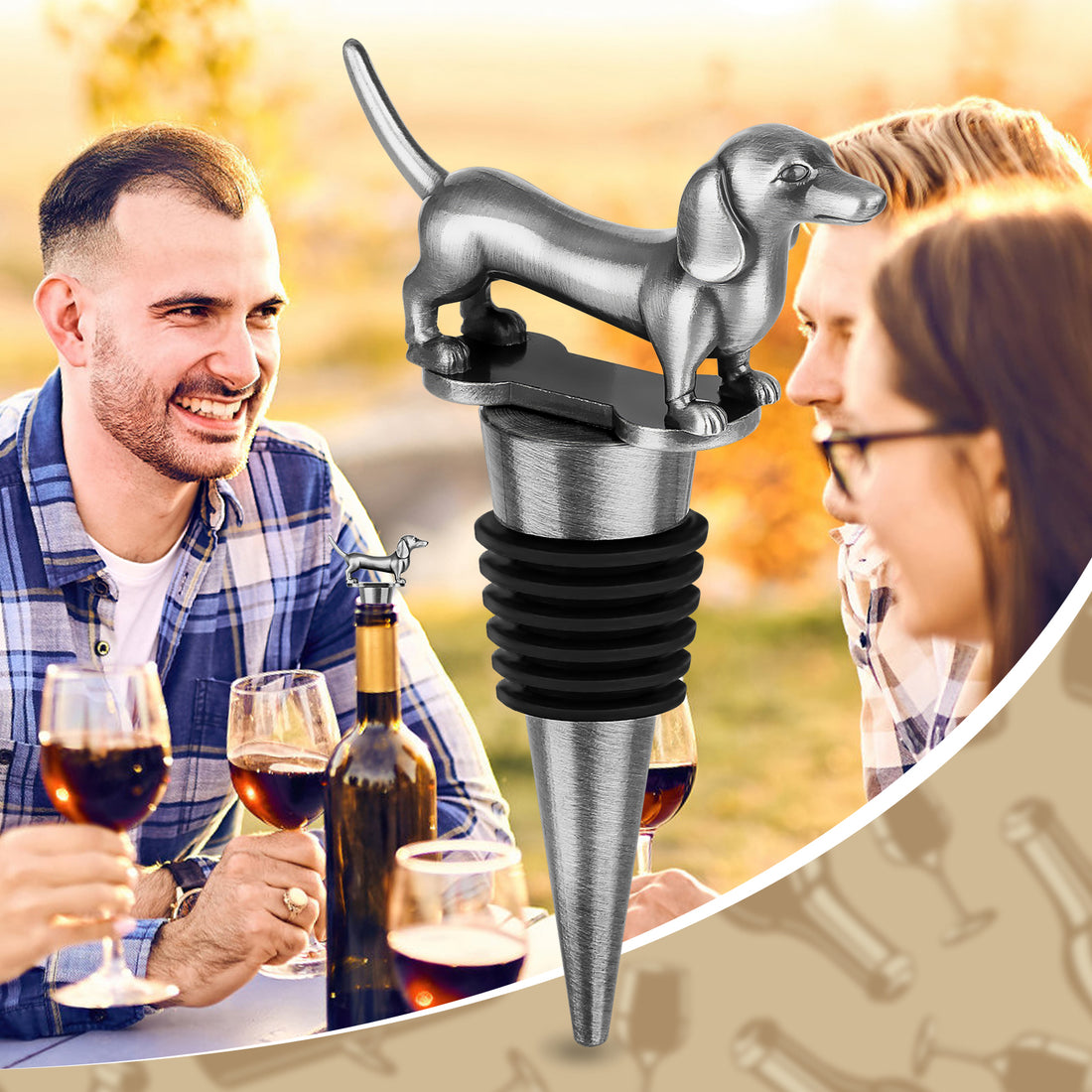 Dark silver dachshund wine stopper with a couple toasting wine