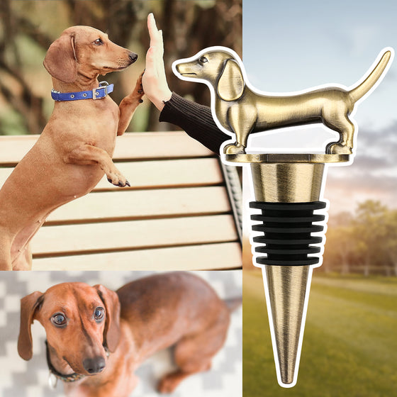 Dark silver dachshund wine stopper with photos of real dachshunds