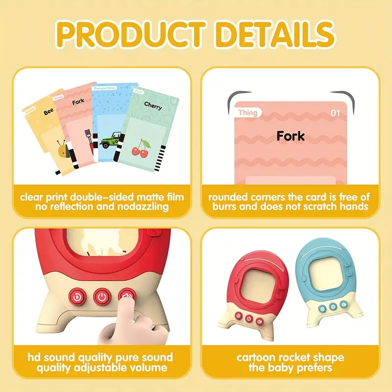 Talking flash cards details: double-sided matte cards, rounded corners, volume buttons, rocket reader