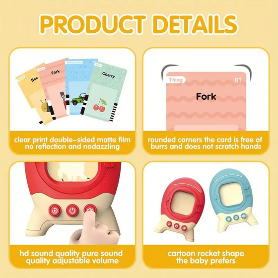 Talking flash cards details: double-sided matte cards, rounded corners, volume buttons, rocket reader