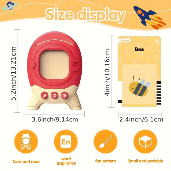 Talking flash card reader size 3.6 x 5.2 in and card size 2.4 x 4 in