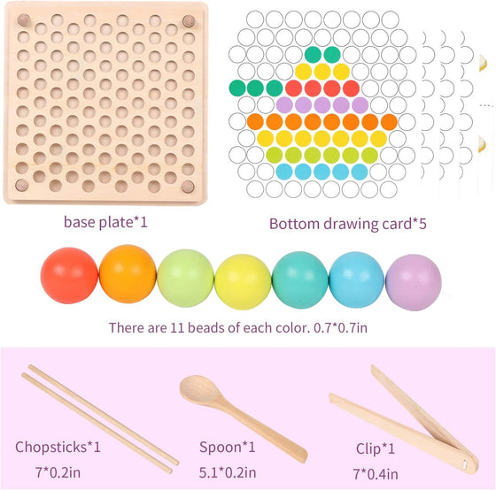 Bead game contents: base plate, 5 pattern cards, 7 bead colors, chopsticks, spoon and clip