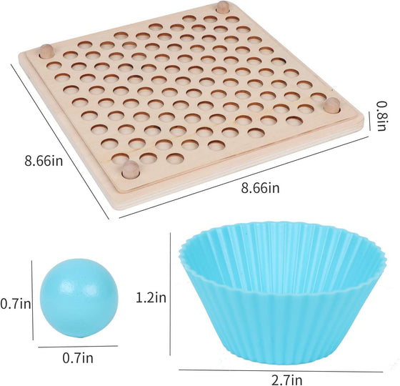 Peg board size 8.66 x 8.66 in, 0.7 in bead and silicone cup dimensions