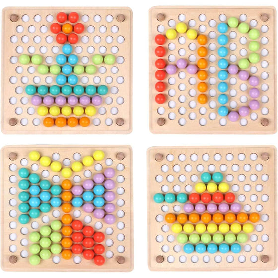 Four wooden peg boards filled with bead patterns: fish, letters AB, butterfly and house