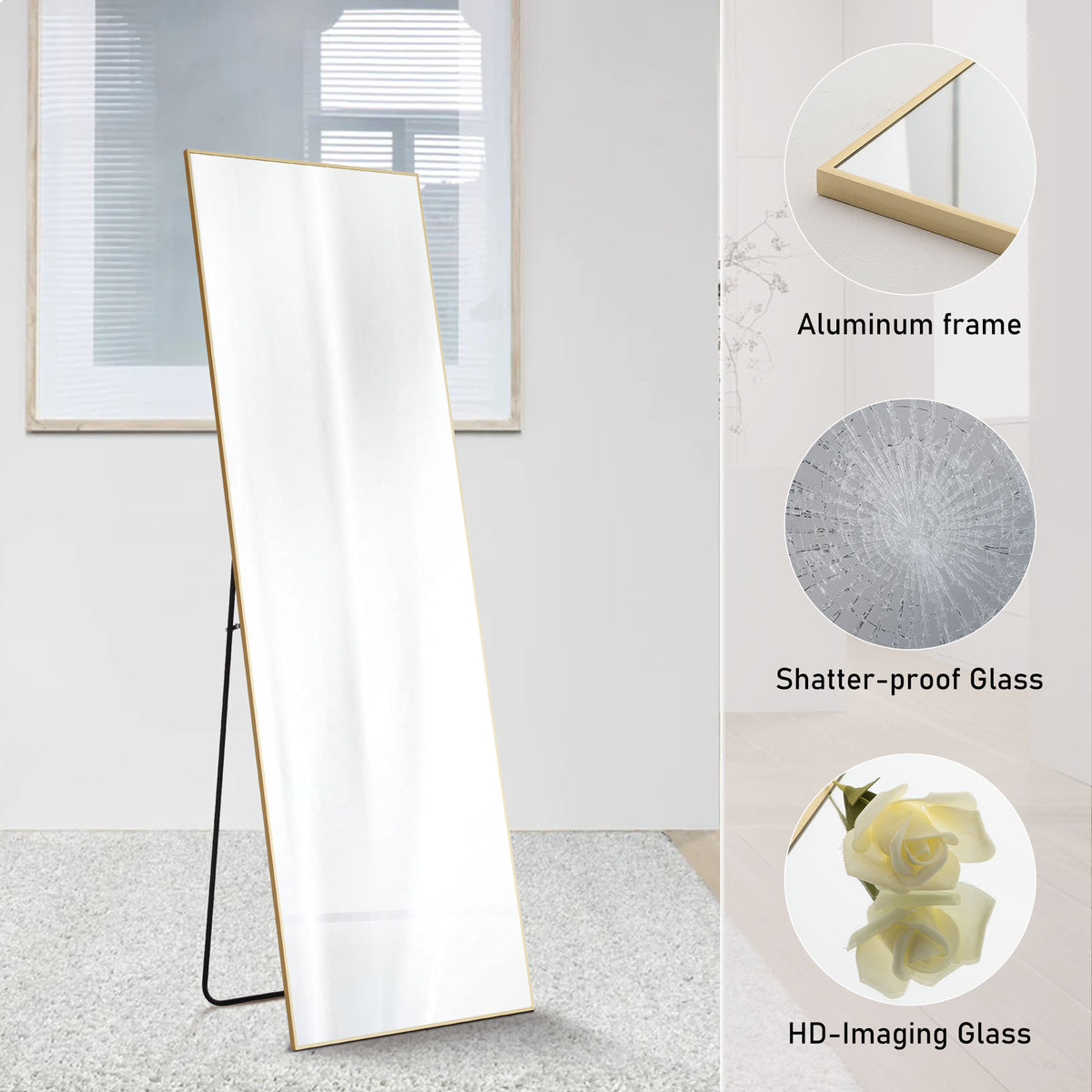 Floor Standing Wall Mirror with Aluminum Alloy Frame