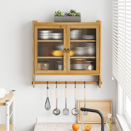 Vintage glass door wall cabinet in natural wood, front view