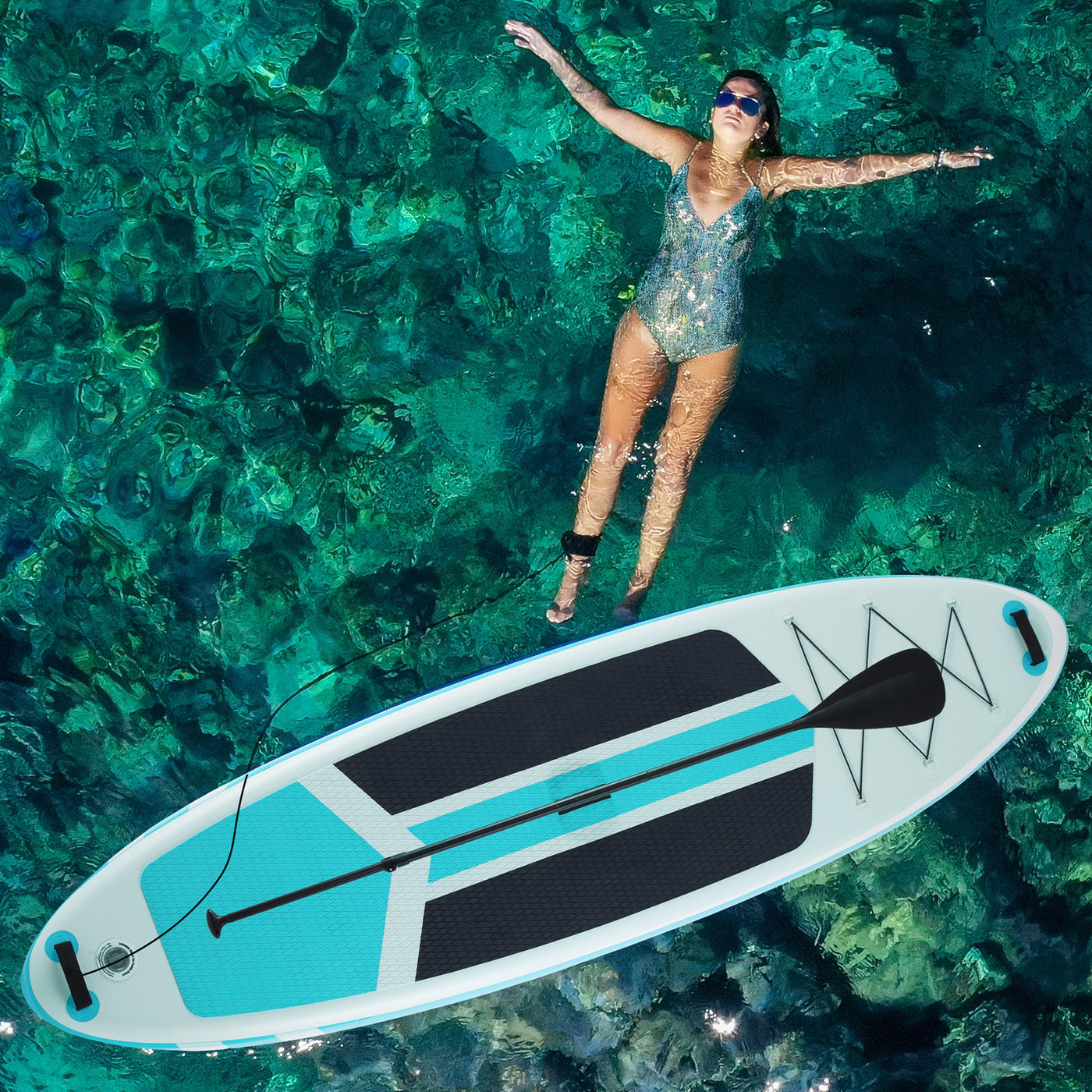Paddle board paddle and leash close-up