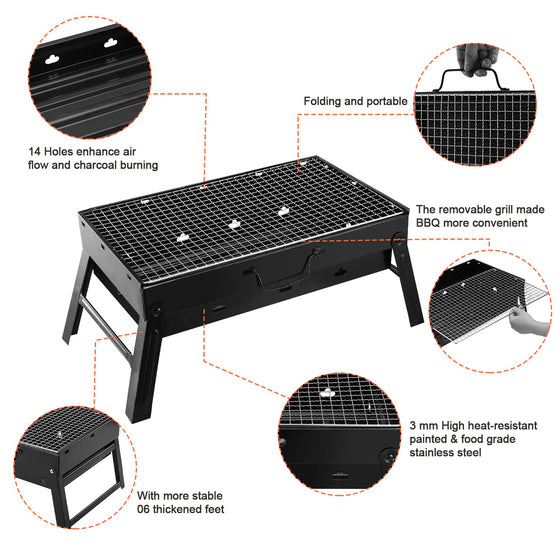 Portable foldable charcoal BBQ grill in black, photo 2 of 10