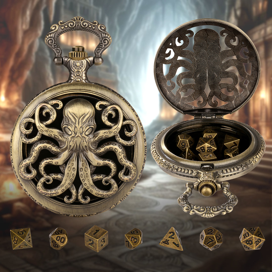 Bronze octopus pocket watch dice case open with 7 mini metal dice