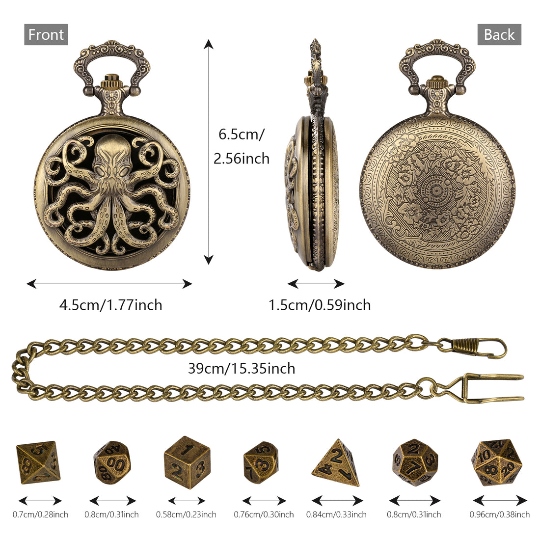 Bronze octopus dice case dimensions 6.5 x 4.5 x 1.5 cm with 39 cm chain