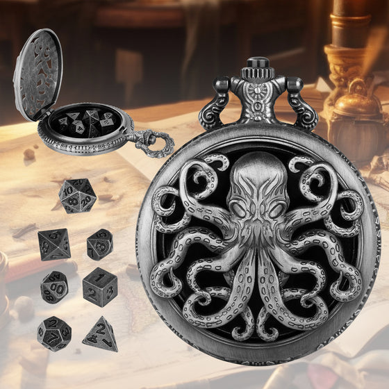 Dark silver octopus pocket watch dice case with 7 mini dice on a desk